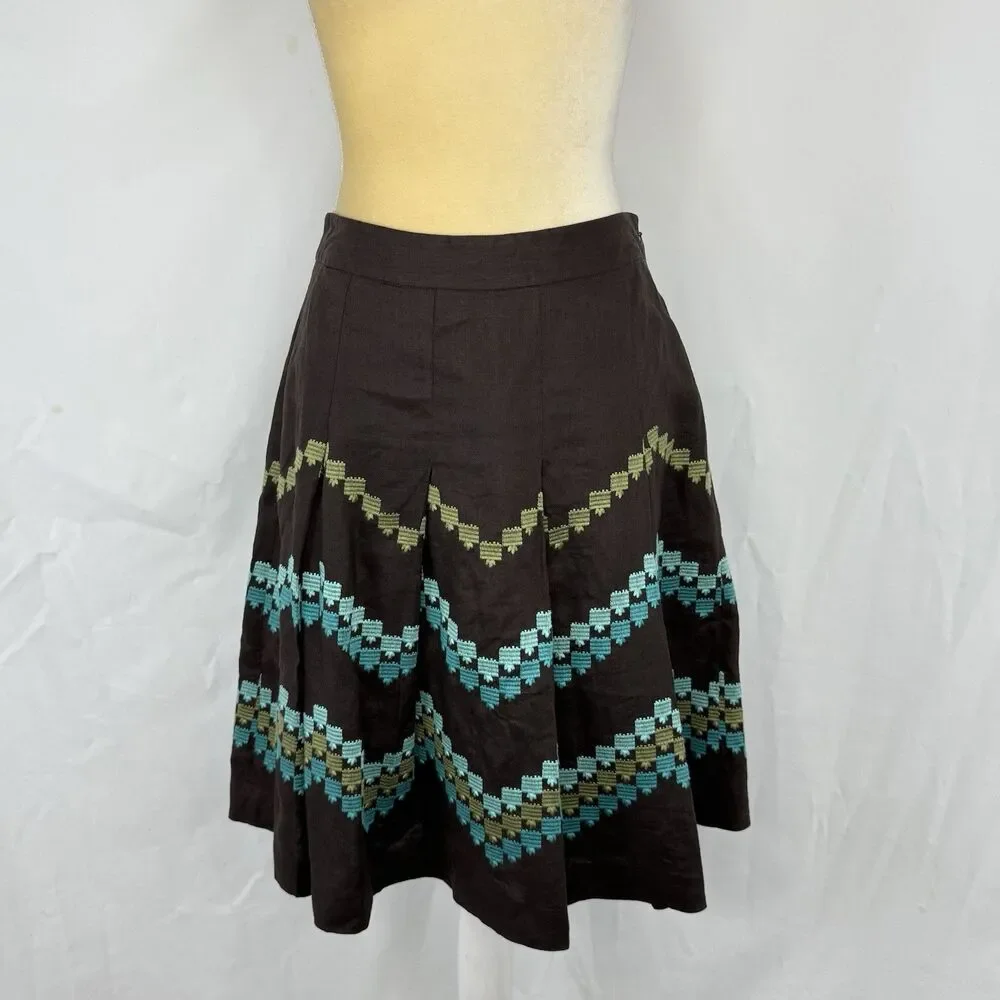 Ann Taylor LOFT Women Brown Linen Pleat Skirt Embroidered Pattern Size 2P Linen